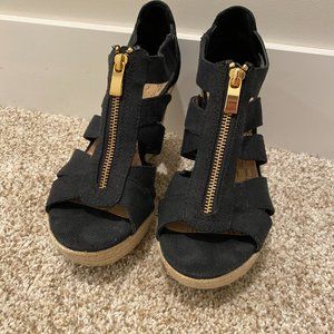 Merona Black and Natural Zip Up Wedge Sandal, Size 8